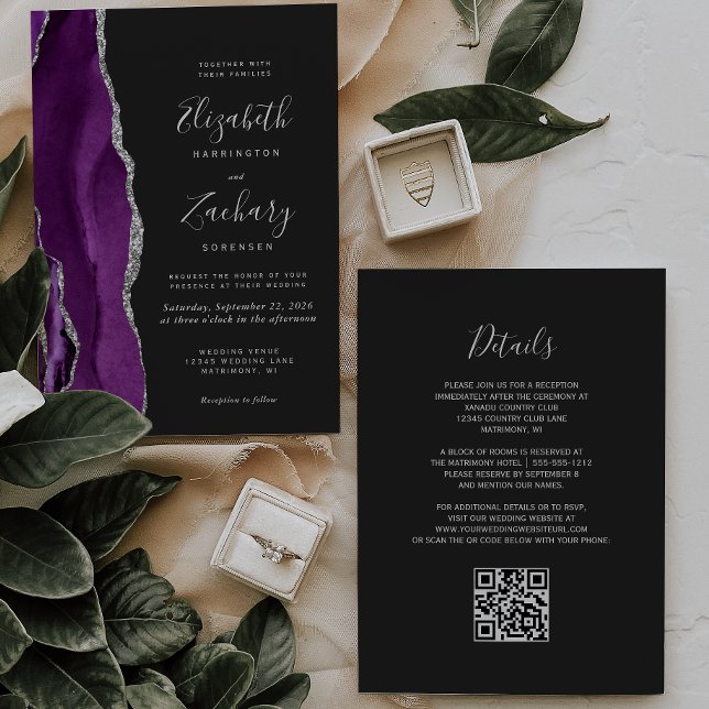Convite Casamento Moderno Código QR Escuro em Prata e Ágat (Criador carregado)