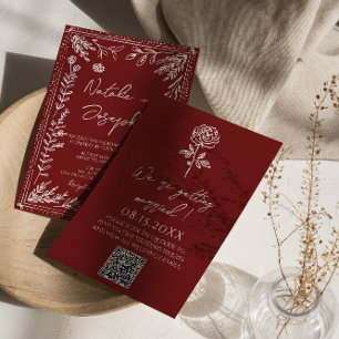 Convite Casamento Moderno Código QR Floral Azul Vermelho E