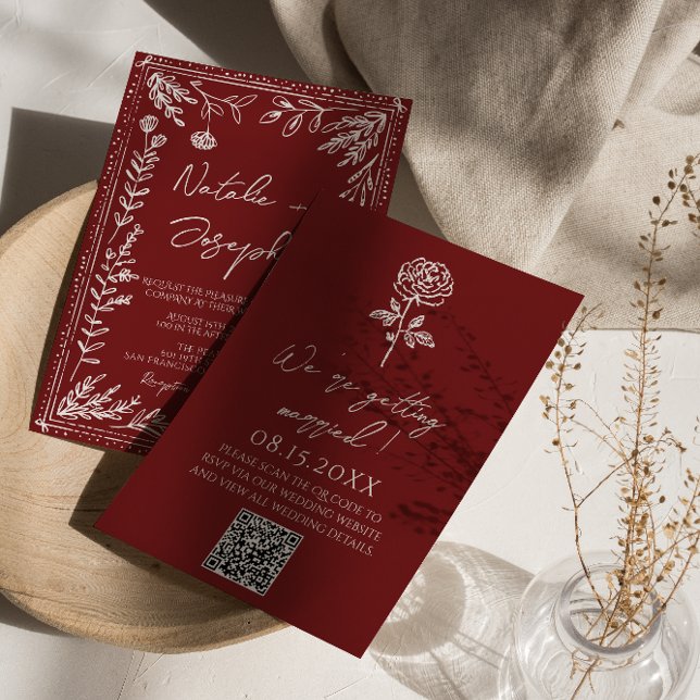 Convite Casamento Moderno Código QR Floral Azul Vermelho E (Criador carregado)