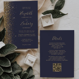 Convite Casamento Moderno Código QR Glitter Dourado Azul E