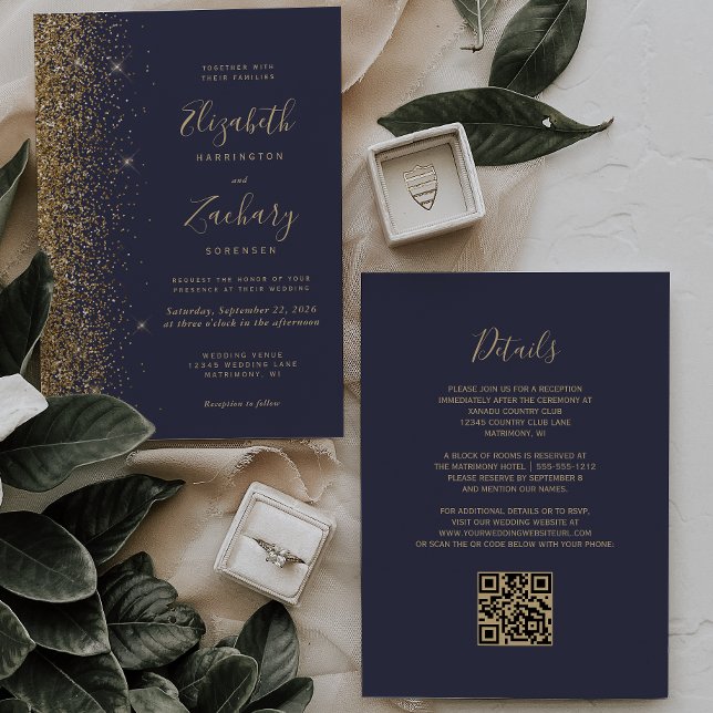 Convite Casamento Moderno Código QR Glitter Dourado Azul E (Criador carregado)