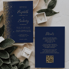 Convite Casamento Moderno Código QR Glitter Falso Azul Nav