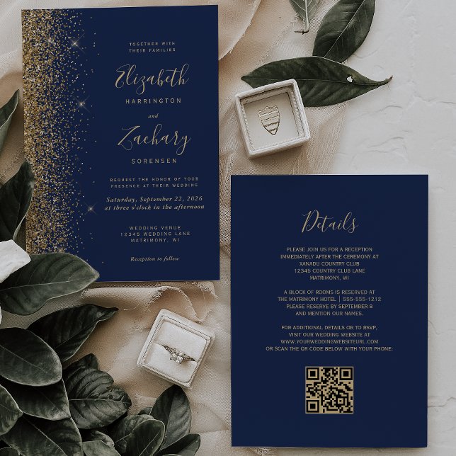 Convite Casamento Moderno Código QR Glitter Falso Azul Nav (Criador carregado)