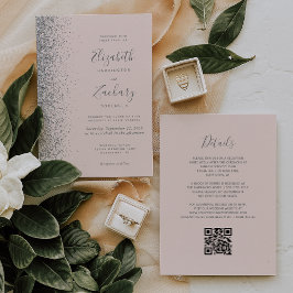 Convite Casamento Moderno Código QR Rosa Bege com Brilho P
