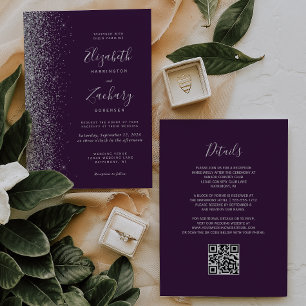 Convite Casamento Moderno Código QR Roxo Escuro Brilho Pra