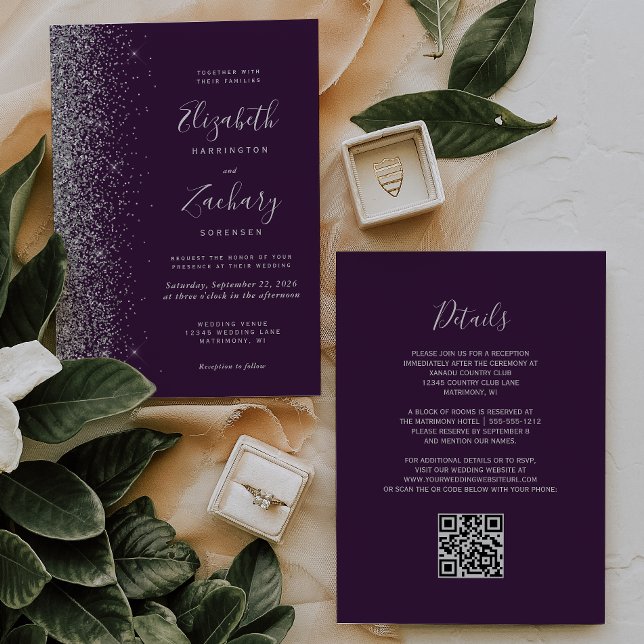 Convite Casamento Moderno Código QR Roxo Escuro Brilho Pra (Criador carregado)