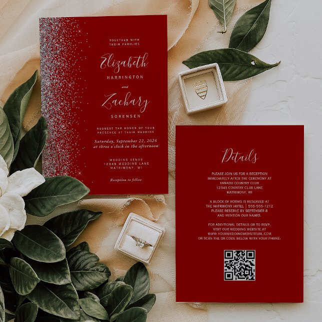 Convite Casamento Moderno Código QR Vermelho Carmesim Bril (Criador carregado)