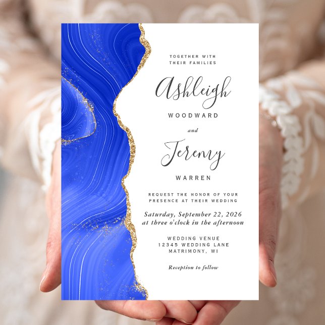 Convite Casamento Moderno com Ágata Azul Real e Dourado (Criador carregado)