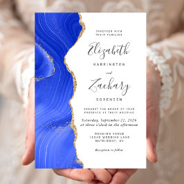 Convite Casamento Moderno com Ágata Azul Real e Dourado