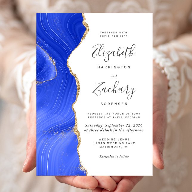 Convite Casamento Moderno com Ágata Azul Real e Dourado (Criador carregado)