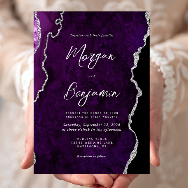 Convite Casamento Moderno com Ágata Roxa e Grafia Prateada (Criador carregado)