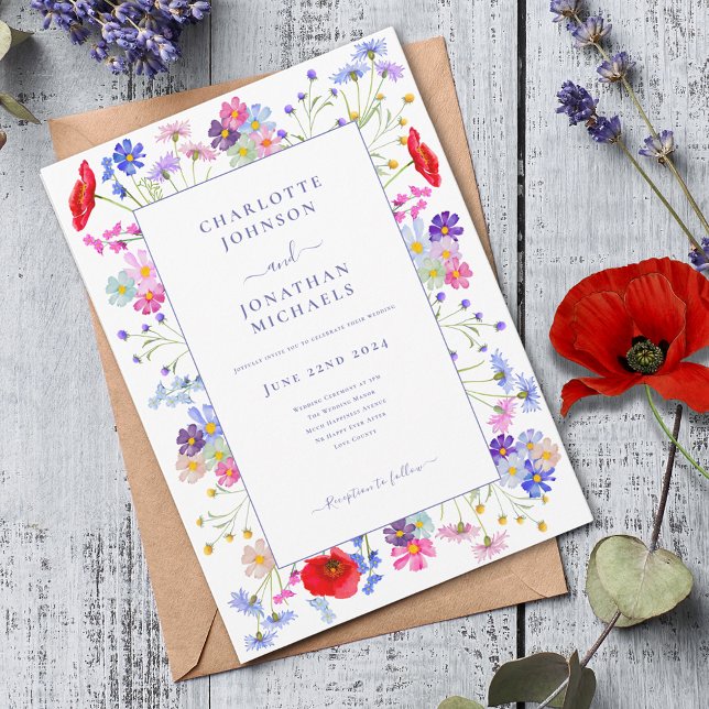 Convite Casamento Moderno com Aquarela de Flores Silvestre (Colorful wildflower boho chic watercolor & elegant purple typography and border wedding invitation )
