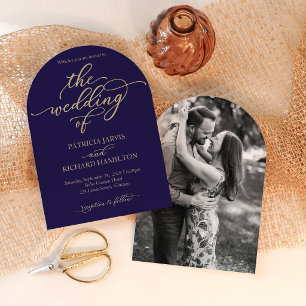 Convite Casamento Moderno com Azul Naval e Dourado