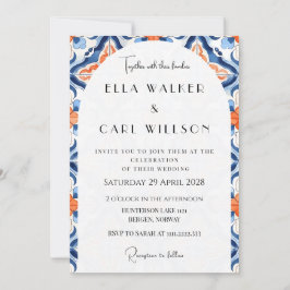Convite Casamento Moderno com Azulejos Vermelhos e Azuis