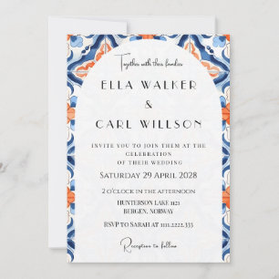 Convite Casamento Moderno com Azulejos Vermelhos e Azuis