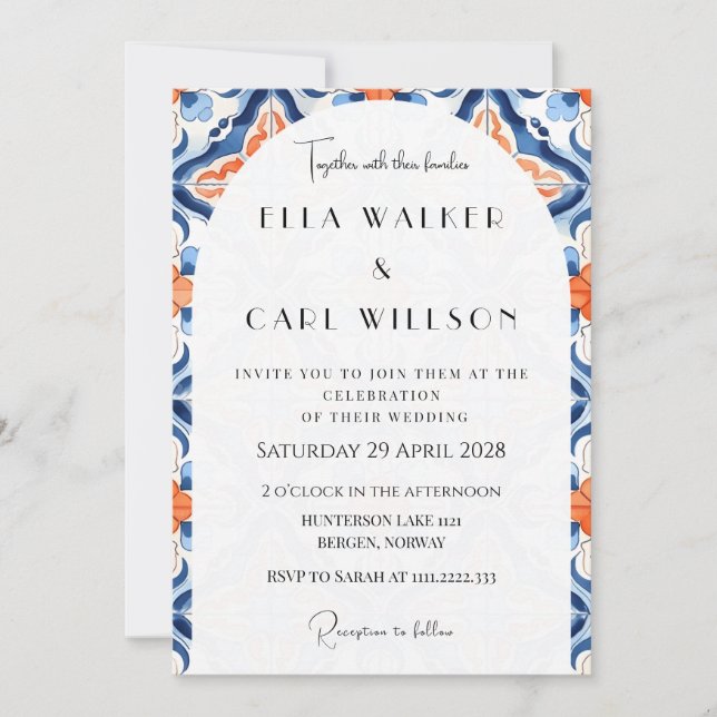 Convite Casamento Moderno com Azulejos Vermelhos e Azuis (Frente)