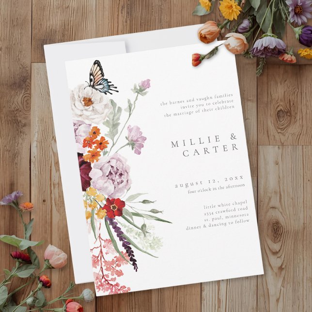 Convite Casamento Moderno com Borboleta de Flor Silvestre  (Watercolor Wildflower Butterfly Modern Wedding Invitation)
