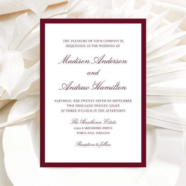 Convite Casamento Moderno com Borda Borgonha (Criador carregado)