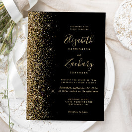 Convite Casamento Moderno com Borda de Brilho Dourado Pret