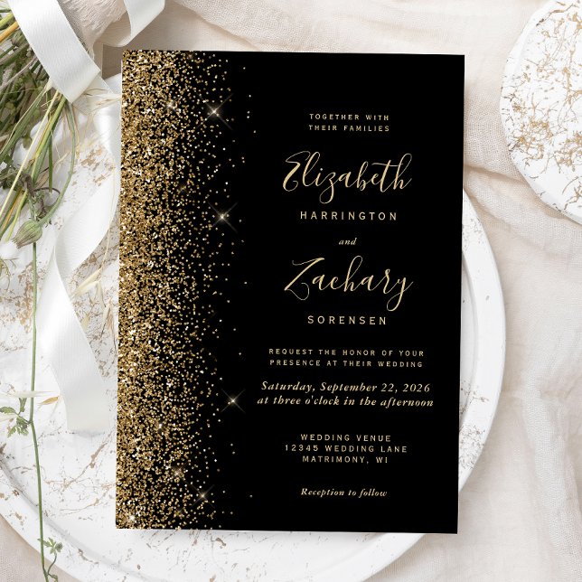 Convite Casamento Moderno com Borda de Brilho Dourado Pret (Criador carregado)