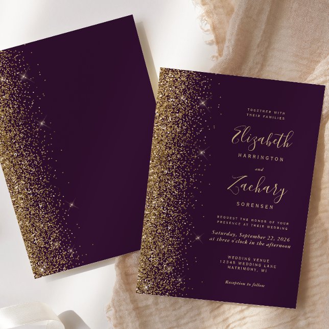 Convite Casamento Moderno com Borda de Brilho Dourado Viol (Criador carregado)