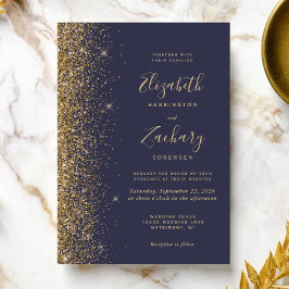 Convite Casamento Moderno com Borda Dourada e Brilho Azul