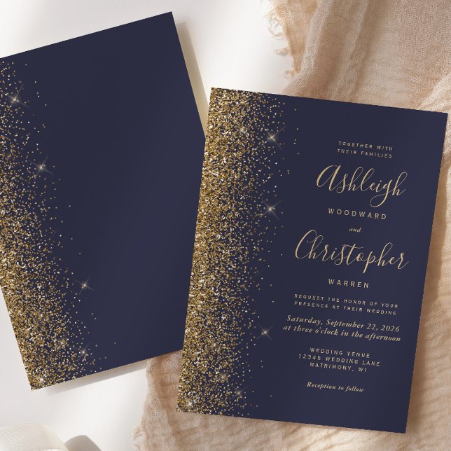 Convite Casamento Moderno com Brilho Azul Dourado (Criador carregado)
