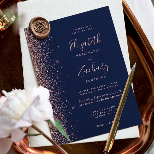 Convite Casamento Moderno com Brilho Azul Navy e Dourado R (Criador carregado)