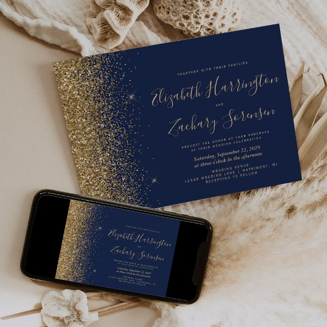 Convite Casamento Moderno com Brilho Dourado Azul Naval (Criador carregado)