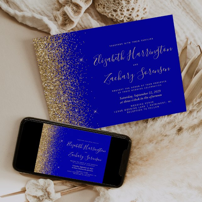 Convite Casamento Moderno com Brilho Dourado Azul Real (Criador carregado)