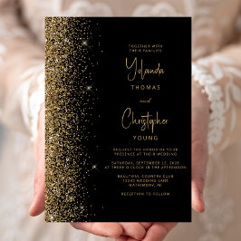 Convite Casamento Moderno com Brilho Dourado Preto Tendênc