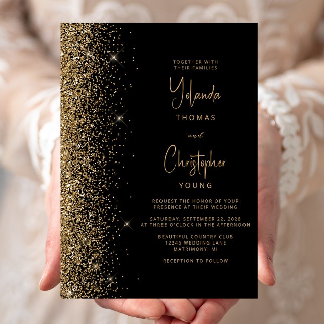 Convite Casamento Moderno com Brilho Dourado Preto Tendênc (Criador carregado)