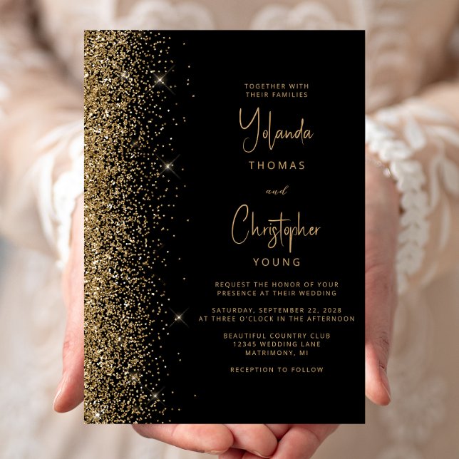 Convite Casamento Moderno com Brilho Dourado Preto Tendênc (Criador carregado)