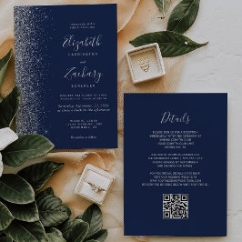 Convite Casamento Moderno com Código QR Azul-Navy Brilho P