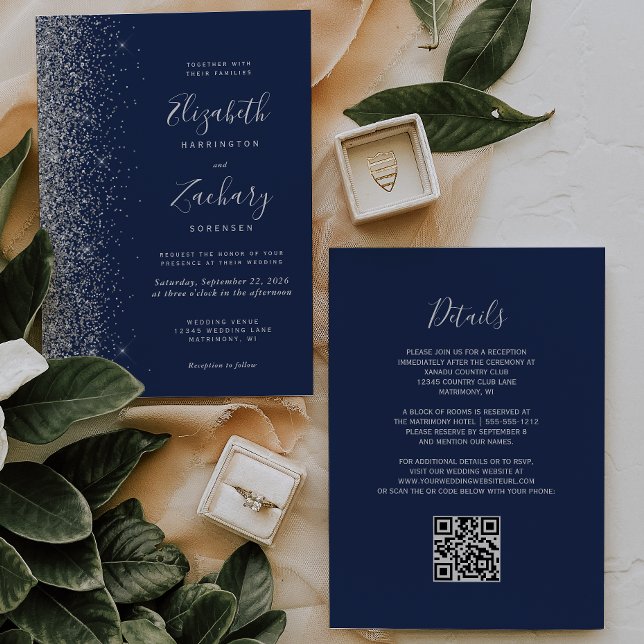 Convite Casamento Moderno com Código QR Azul-Navy Brilho P (Criador carregado)