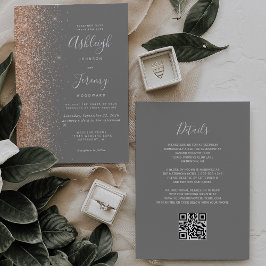 Convite Casamento Moderno com Código QR Cinza e Brilho de