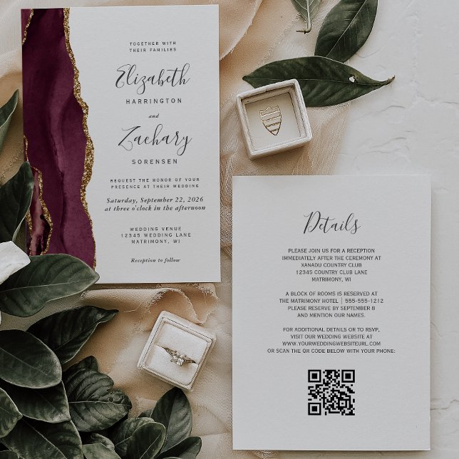 Convite Casamento Moderno com Código QR em Ágata Dourada B (Criador carregado)