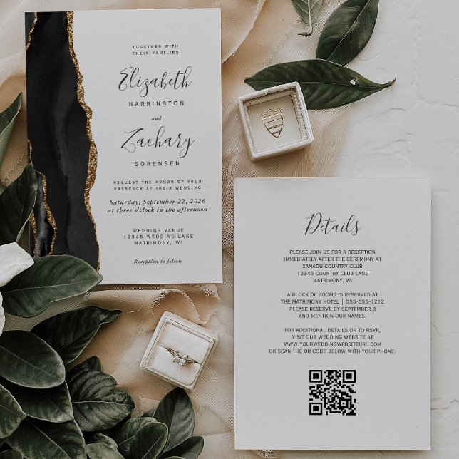 Convite Casamento Moderno com Código QR em Ágata Dourada P (Criador carregado)