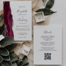 Convite Casamento Moderno com Código QR em Ágata Prata e B