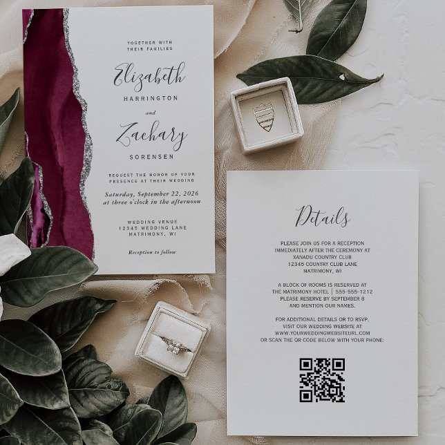 Convite Casamento Moderno com Código QR em Ágata Prata e B (Criador carregado)