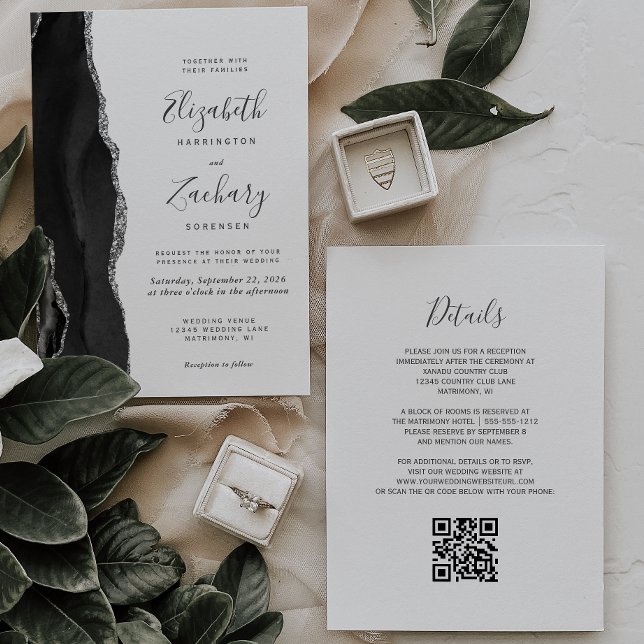 Convite Casamento Moderno com Código QR em Ágata Prata Pre (Criador carregado)
