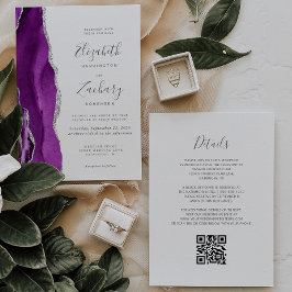 Convite Casamento Moderno com Código QR em Ágata Prata Rox