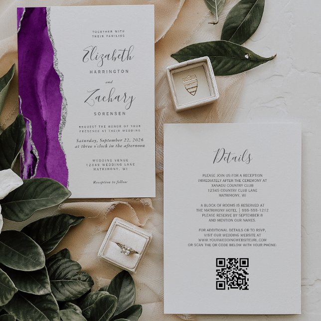 Convite Casamento Moderno com Código QR em Ágata Prata Rox (Criador carregado)