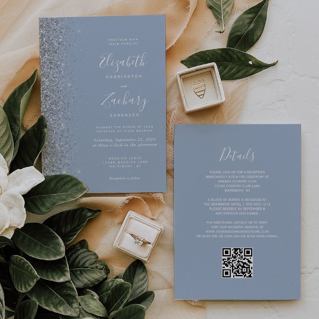 Convite Casamento Moderno com Código QR em Azul Poeirento  (Criador carregado)