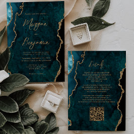 Convite Casamento Moderno com Código QR em Azul Teal Ágata