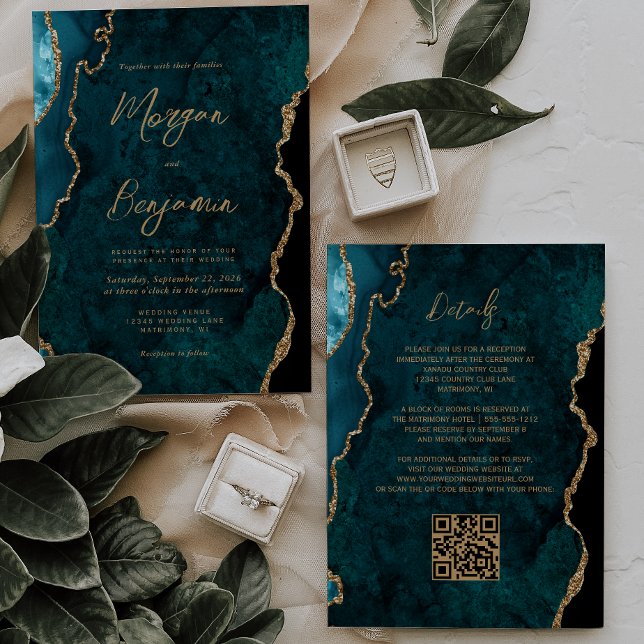 Convite Casamento Moderno com Código QR em Azul Teal Ágata (Criador carregado)