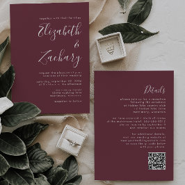 Convite Casamento Moderno com Código QR em Burgundy