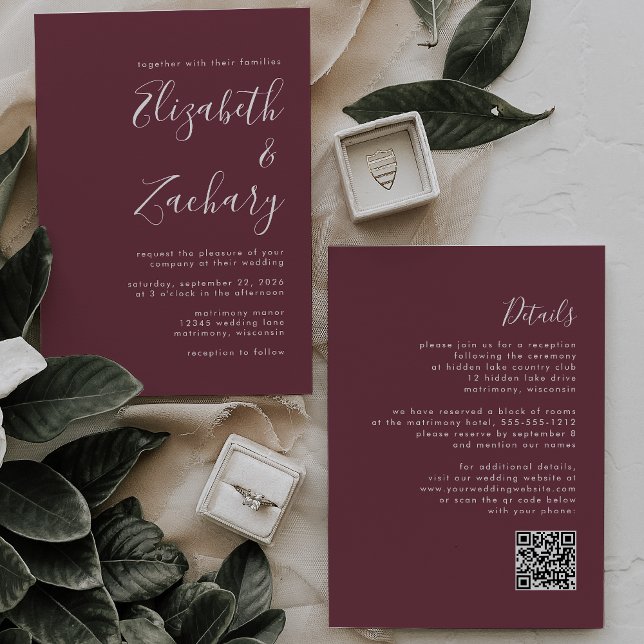 Convite Casamento Moderno com Código QR em Burgundy (Criador carregado)