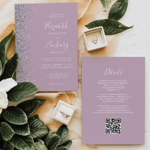 Convite Casamento Moderno com Código QR em Lilás Empoeirad
