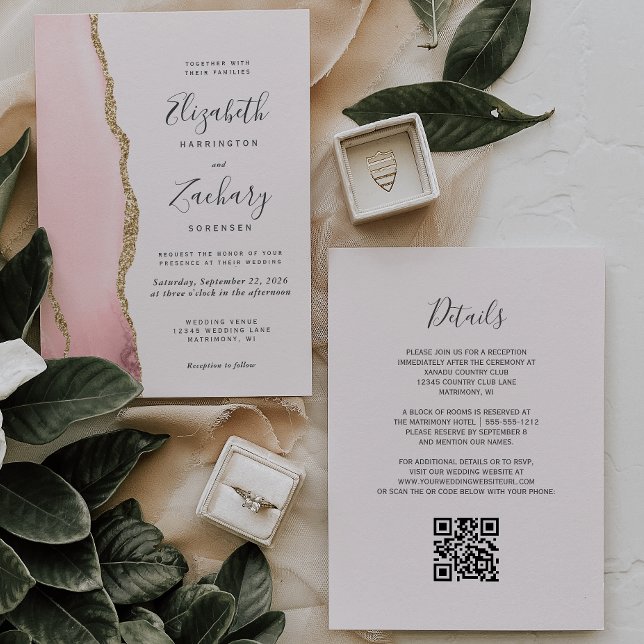 Convite Casamento Moderno com Código QR em Rosa Bege e Our (Criador carregado)